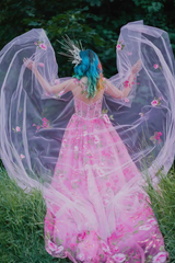 Princess A Line Long Sleeves Floral Tulle Long Prom Dresses Formal Evening Dress DMP186