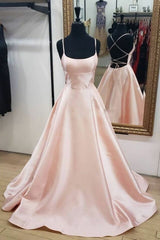 A Line Pink Satin Long Prom Presses Simple Evening Dress With Straps DMP190