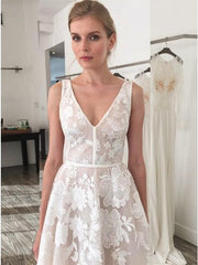 A-Line V-Neck Backless Sweep Train Ivory Wedding Dress with Appliques DMR20