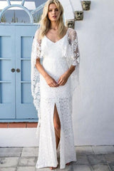 Sheath V-Neck Backless Wraps Lace Beach Wedding Dress with Split DMR34