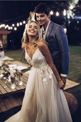 A-Line Spaghetti Straps Backless Sweep Train Boho Wedding Dress with Appliques DMR41