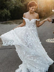 A-Line Off-the-Shoulder Boho Wedding Dress with Appliques DML58