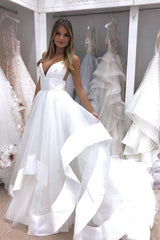 A-Line Spaghetti Straps Sweep Train Tulle White Wedding Dress Bridal Gown DMM30