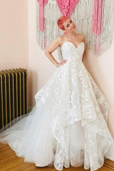 A-Line Sweetheart Sweep Train Wedding Dress with Lace Appliques DMM25