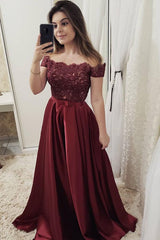 Burgundy Off Shoulder A Line Prom Dress, Lace Top Cheap Evening Gown DMJ68