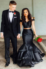 Black 2 Pieces Off Shoulder Mermaid Elegant Prom Dresses With Layers DMJ72