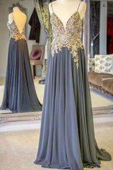 Beaded Chiffon Spaghetti Straps Long Prom Dresses With Appliques DMJ73
