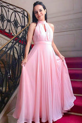 Pink Chiffon High Neck Simple Prom Dresses, Graduation Dresses DMJ74