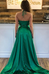 Green A Line Halter Sexy Split Prom Dresses With Pockets DMJ75