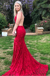 Red Lace Spaghetti Strap Backless Prom Dresses, Mermaid Prom Dress DMJ79