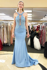 Mermaid Sky Blue Prom Dresses With Lace, Long Formal Evening Dress DMJ83