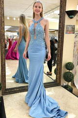 Mermaid Sky Blue Prom Dresses With Lace, Long Formal Evening Dress DMJ83