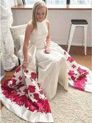 A Line Sleeveless Long White Printed Detachable Prom Dress DML36
