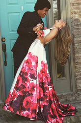 New Arrival Two Piece Sleeveless White Printed Prom Dress DML35