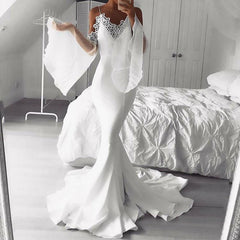 Mermaid Cold Shoulder Flare Sleeves White Prom Dress with Lace DMK68
