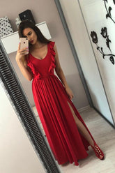 A-Line V-Neck Floor-Length Red Prom Dress with Split Ruffles DML84