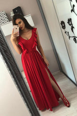 A-Line V-Neck Floor-Length Red Prom Dress with Split Ruffles DML84