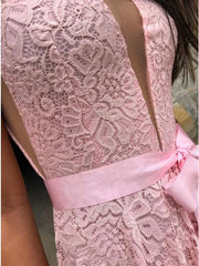 A-Line V-Neck Sweep Train Pink Lace Prom Dress with Split DMP10