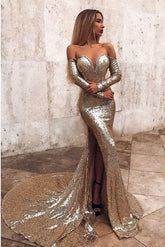 Mermaid Long Split Prom Dress Gold Sequined Evening Dress with Sleeves DMP6