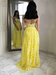 Charming A-Line Spaghetti Straps Floor-Length Yellow Lace Prom Dress DML73