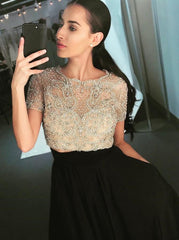 Two Piece Crew Short Sleeves Floor-Length Black Prom Dress with Beading DML89
