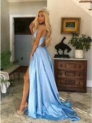 Charming A-Line V-Neck Open Back Light Blue Prom Dress with Split DMN16
