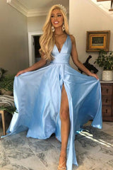 Charming A-Line V-Neck Open Back Light Blue Prom Dress with Split DMN16