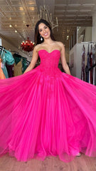 Chic A-line Tulle Sweetheart Long Prom Dress Fuchsia Elegant Evening Dress DMP303