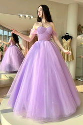 Lavender Tulle Long A-Line Prom Dress, Off Shoulder Evening Party Dress DMP290