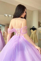 Lavender Tulle Long A-Line Prom Dress, Off Shoulder Evening Party Dress DMP290