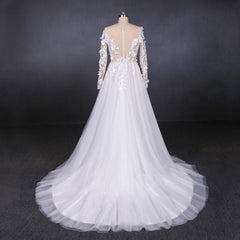A Line Tulle Lace Appliques Long Sleeves Wedding Dress, Cheap Bridal Dresses DMQ28