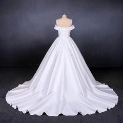 Off the Shoulder White Ball Gown Simple Wedding Dress, Satin Bridal Gown DMQ20