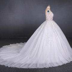 White Appliques Tulle Ball Gown Princess Wedding Dress, Bridal Gown DMQ31