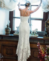 Elegant Lace White Sheath Prom Dress, Lace Simple Wedding Dress DMP70