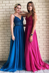 Spaghetti Straps A-Line Long Cheap Prom Dresses with Lace Top DMO54