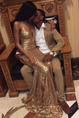 Amazing Gold Memriad Halter V Neck Backless Sequence Long Prom Dresses DMP207