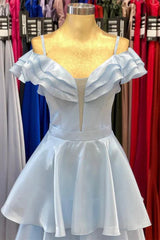 Light Blue Off-the-Shoulder Tiered Long Prom Dress Evening Dresses DMP224