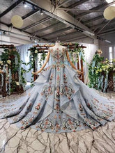 Ball Gown Light Blue Cap Sleeve Long Prom Dresses, Beaded Lace up Quinceanera Dresses DMN75