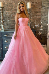 Shiny A Line Pink Tulle Spaghetti Straps Sparkly Long Prom Dress DM1969