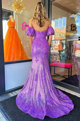 Purple Off the Shoulder Mermaid Sequins Slit Long Prom Dresses DMP302