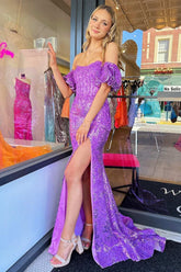 Purple Off the Shoulder Mermaid Sequins Slit Long Prom Dresses DMP302