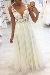 Unique V Neck Lace Applique Long Prom Dress A Line Tulle Formal Dresses DMQ37