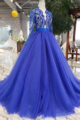 Royal Blue Tulle Long Sleeves Prom Dresses, Quinceanera Dresses DMK8