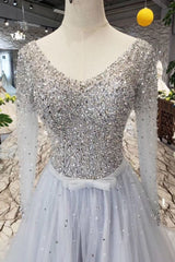 Long Sleeves V Neck Tulle A Line Sequins Prom Dresses DMK10