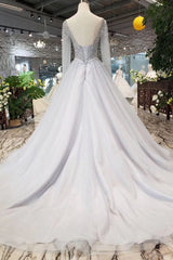 Long Sleeves V Neck Tulle A Line Sequins Prom Dresses DMK10