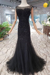 New Arrival Sequins Bodice Prom Dresses Tulle Mermaid Sweep Train DMK11