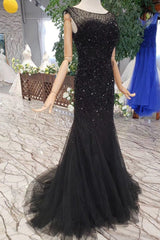 New Arrival Sequins Bodice Prom Dresses Tulle Mermaid Sweep Train DMK11