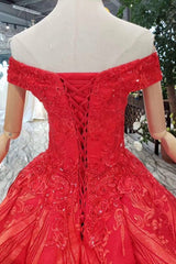 Red Quinceanera Dresses Off The Shoulder Lace Up Back Appliques Beads DMK14