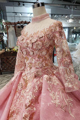 New Arrival Pink Prom Dresses Long Sleeves Ball Gown High Neck Quinceanera Dresses DMK17
