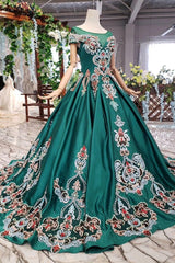 New Arrival Prom Dresses Short Sleeves Green Ball Gown With Applique Beads DMK18